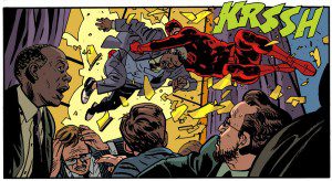 Daredevil crashes the scene, from Daredevil #31 by Mark Waid and Chris Samnee