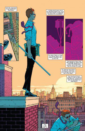 Mattgettingoverit34 Matt on the roof top, not succumbing to depression, as seen in Daredevil #34 by Mark Waid and Javier Rodríguez.