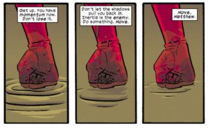 Three panels of Daredevil's fist planted firmly against the ground, as seen in Daredevil #10 by Mark Waid and Chris Samnee